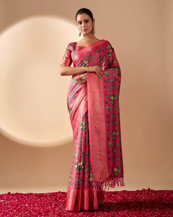 Pink Lichi Silk Saree with Floral Print Zari Border