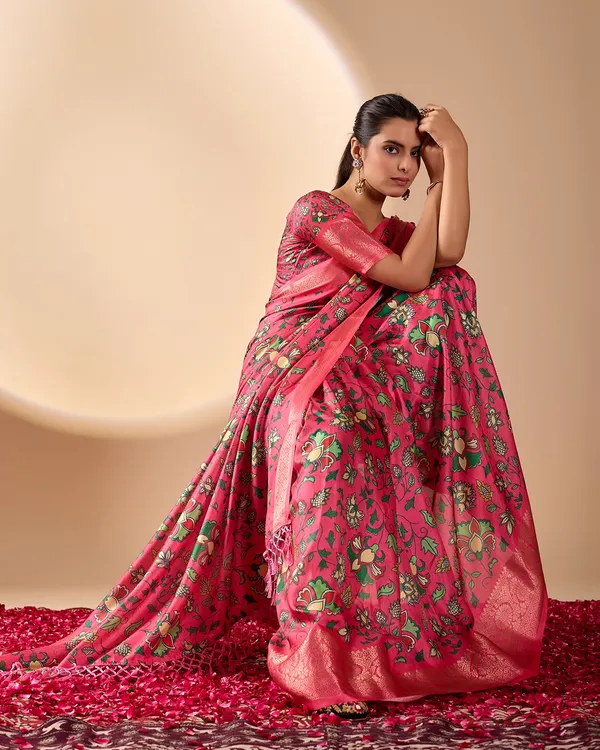 Pink Lichi Silk Saree with Floral Print Zari Border