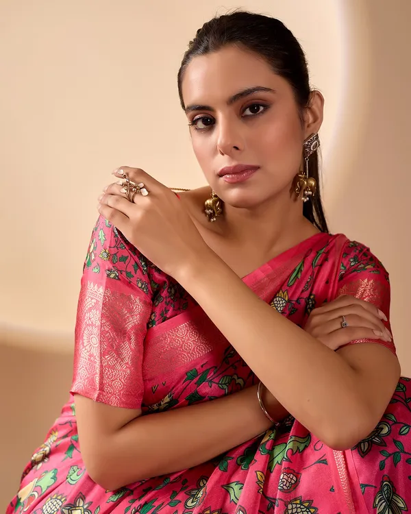 Pink Lichi Silk Saree with Floral Print Zari Border