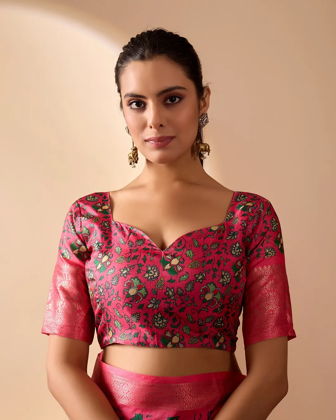 Pink Lichi Silk Saree with Floral Print Zari Border