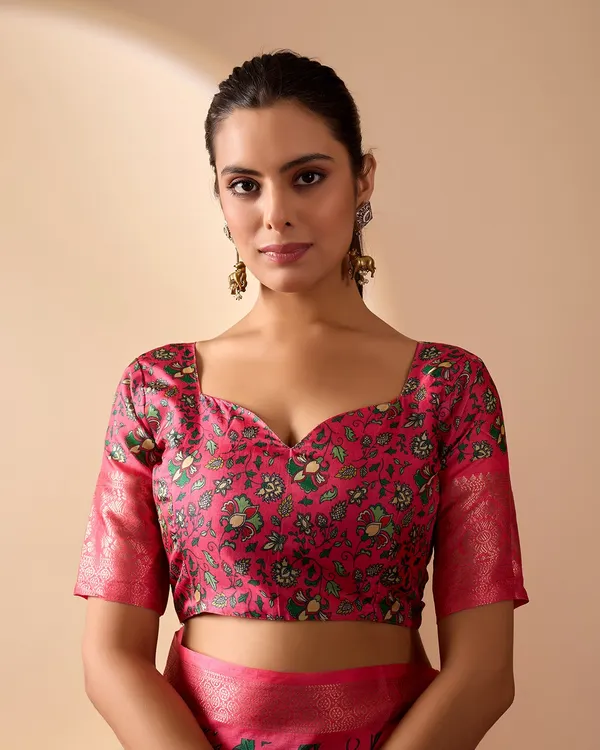 Pink Lichi Silk Saree with Floral Print Zari Border