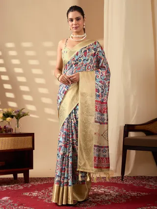 Multicolor Lichi Silk Saree with Golden Zari Border