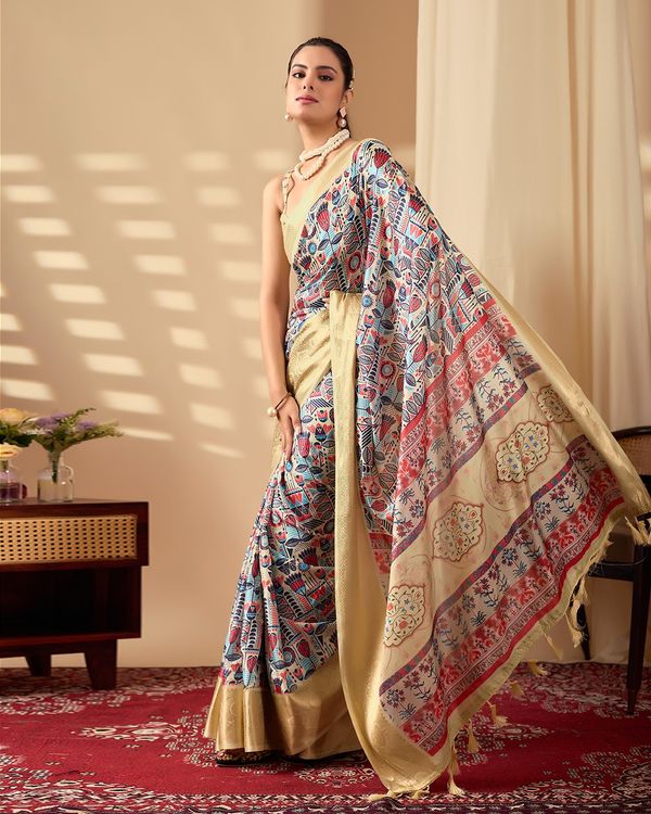 Multicolor Lichi Silk Saree with Golden Zari Border