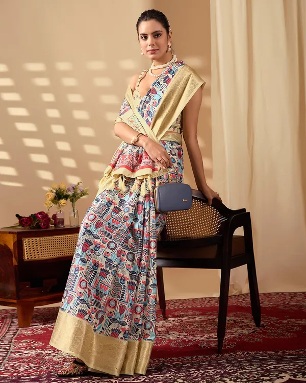 Multicolor Lichi Silk Saree with Golden Zari Border