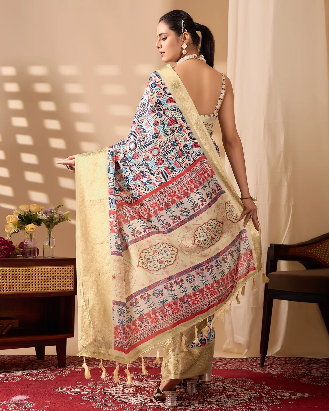 Multicolor Lichi Silk Saree with Golden Zari Border