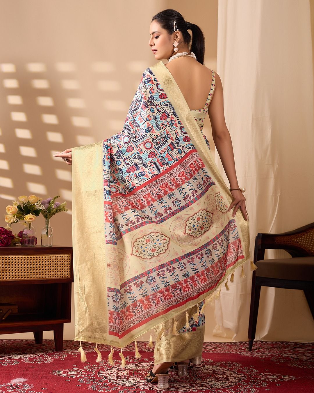 Multicolor Lichi Silk Saree with Golden Zari Border