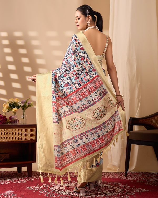 Multicolor Lichi Silk Saree with Golden Zari Border