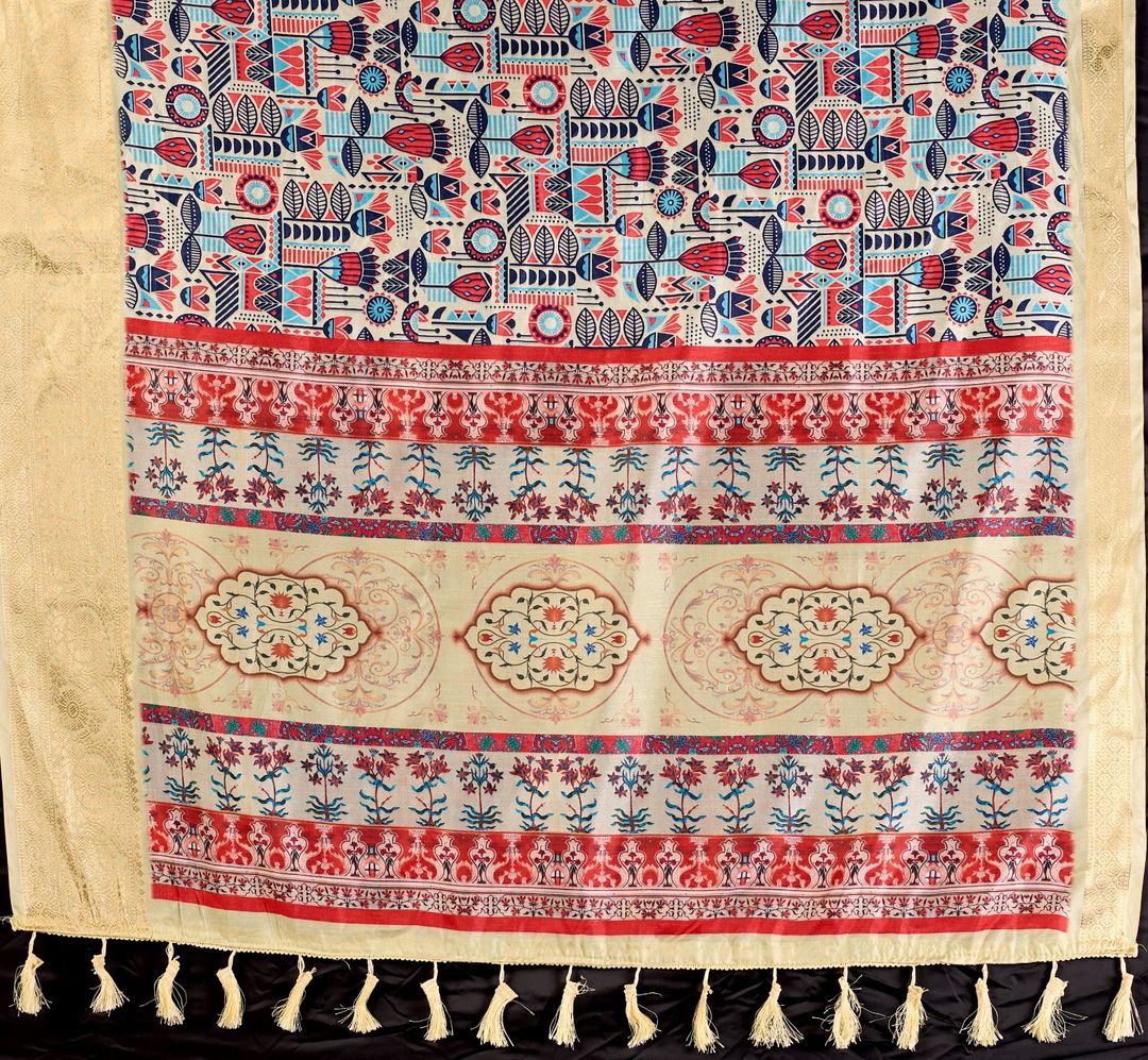 Multicolor Lichi Silk Saree with Golden Zari Border