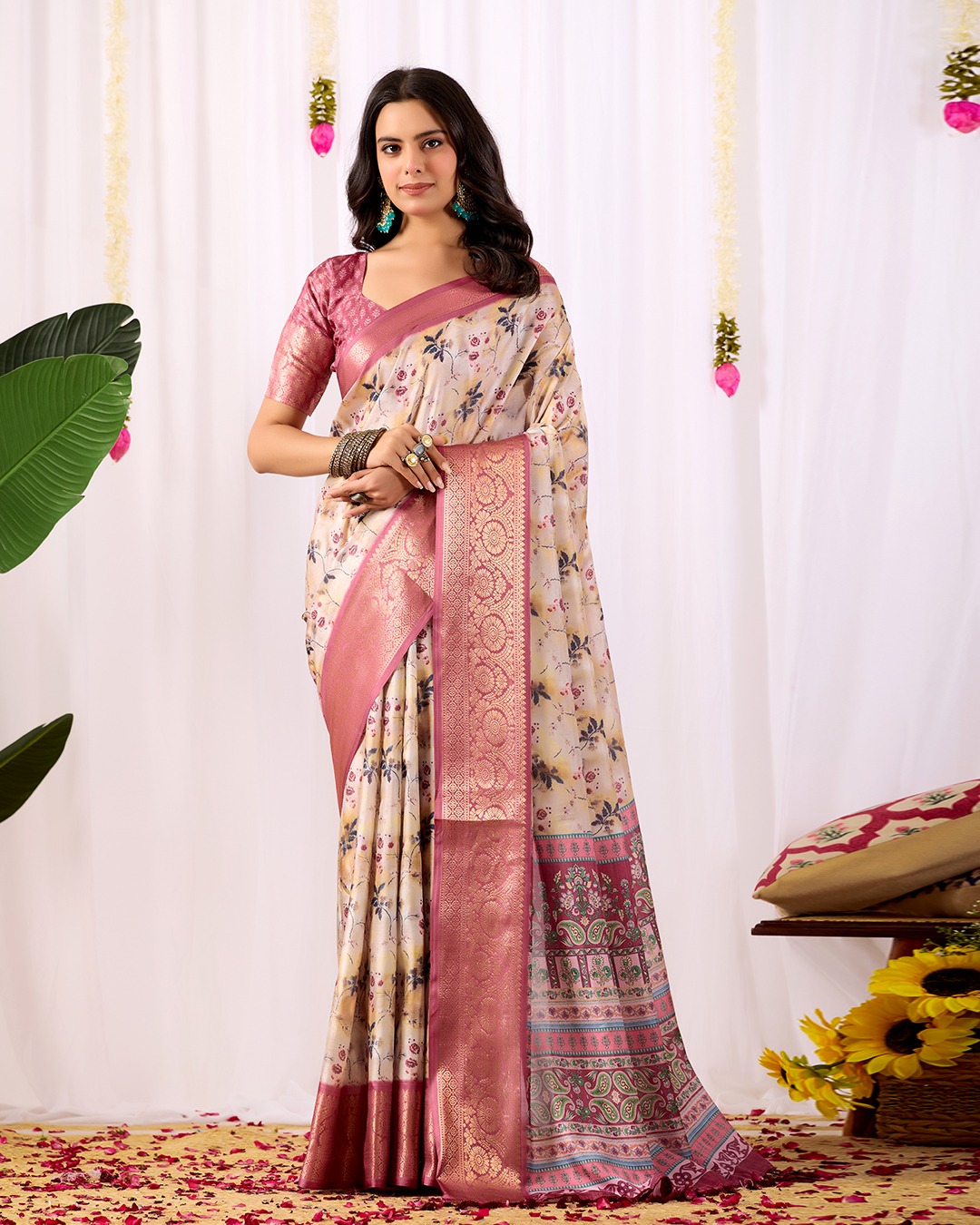 Floral beige saree with zari work for festive
