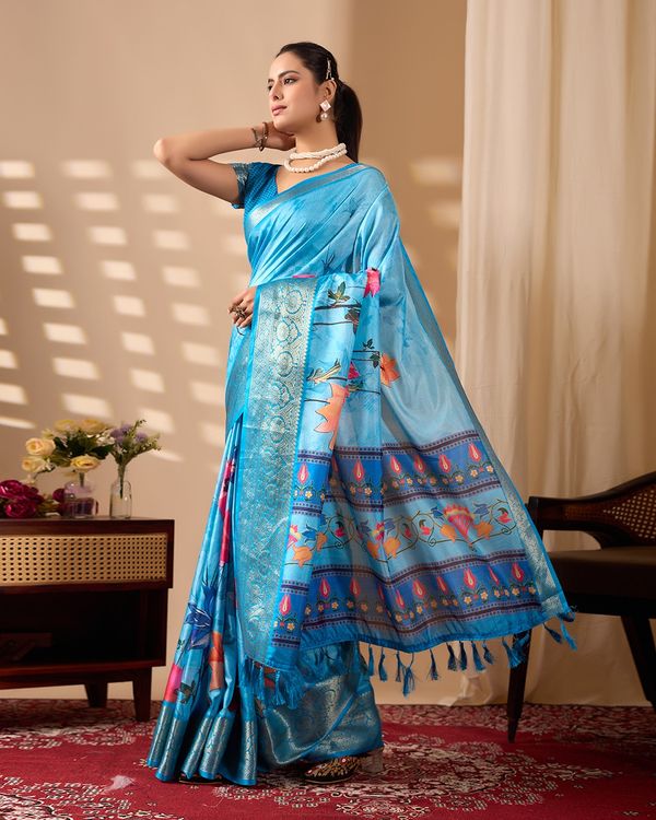 Blue Ethnic Saree with Floral Design and Zari Border