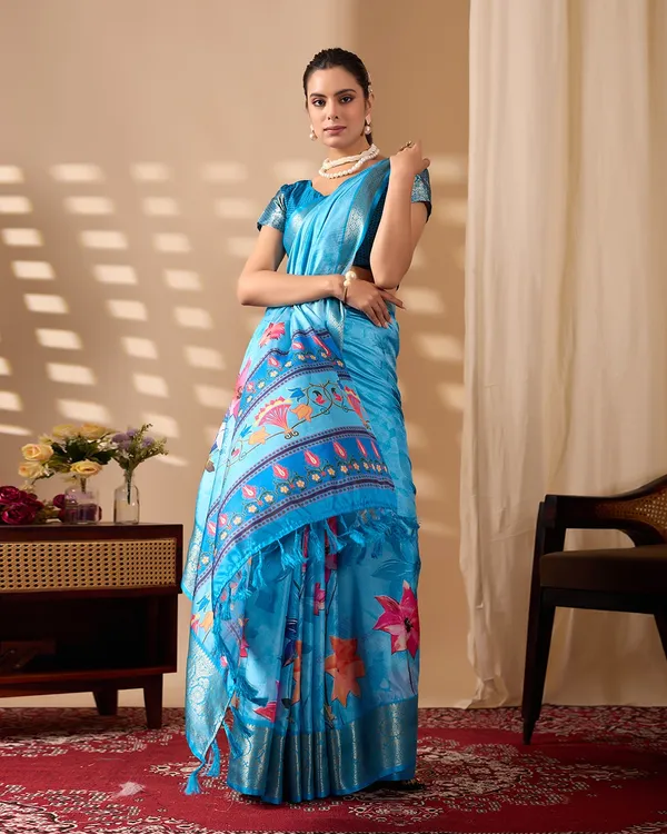 Blue Ethnic Saree with Floral Design and Zari Border