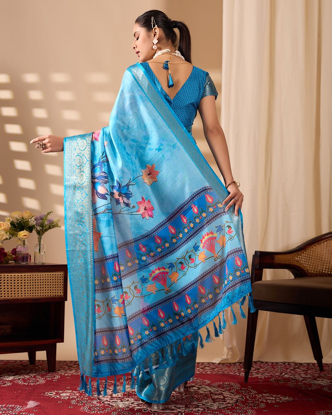 Blue Ethnic Saree with Floral Design and Zari Border