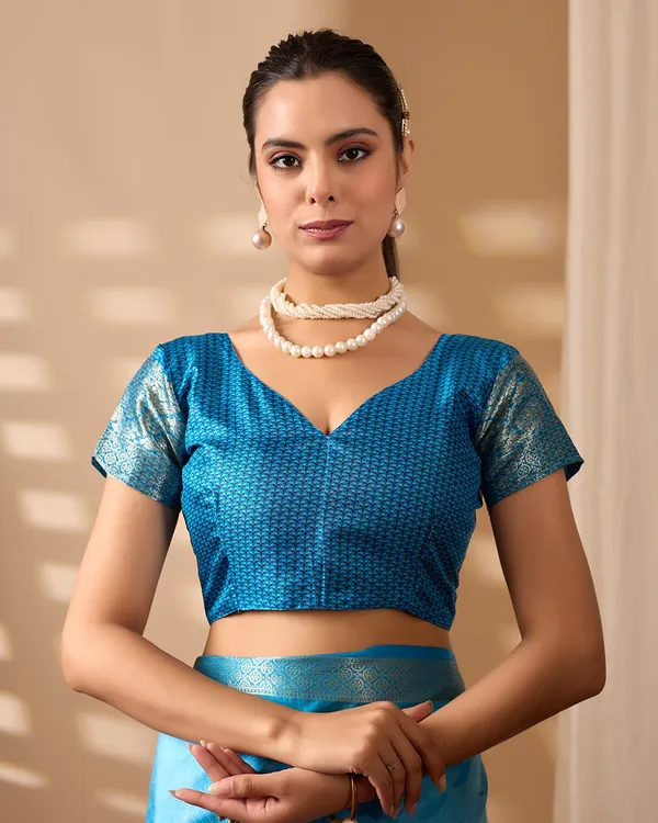 Blue Ethnic Saree with Floral Design and Zari Border