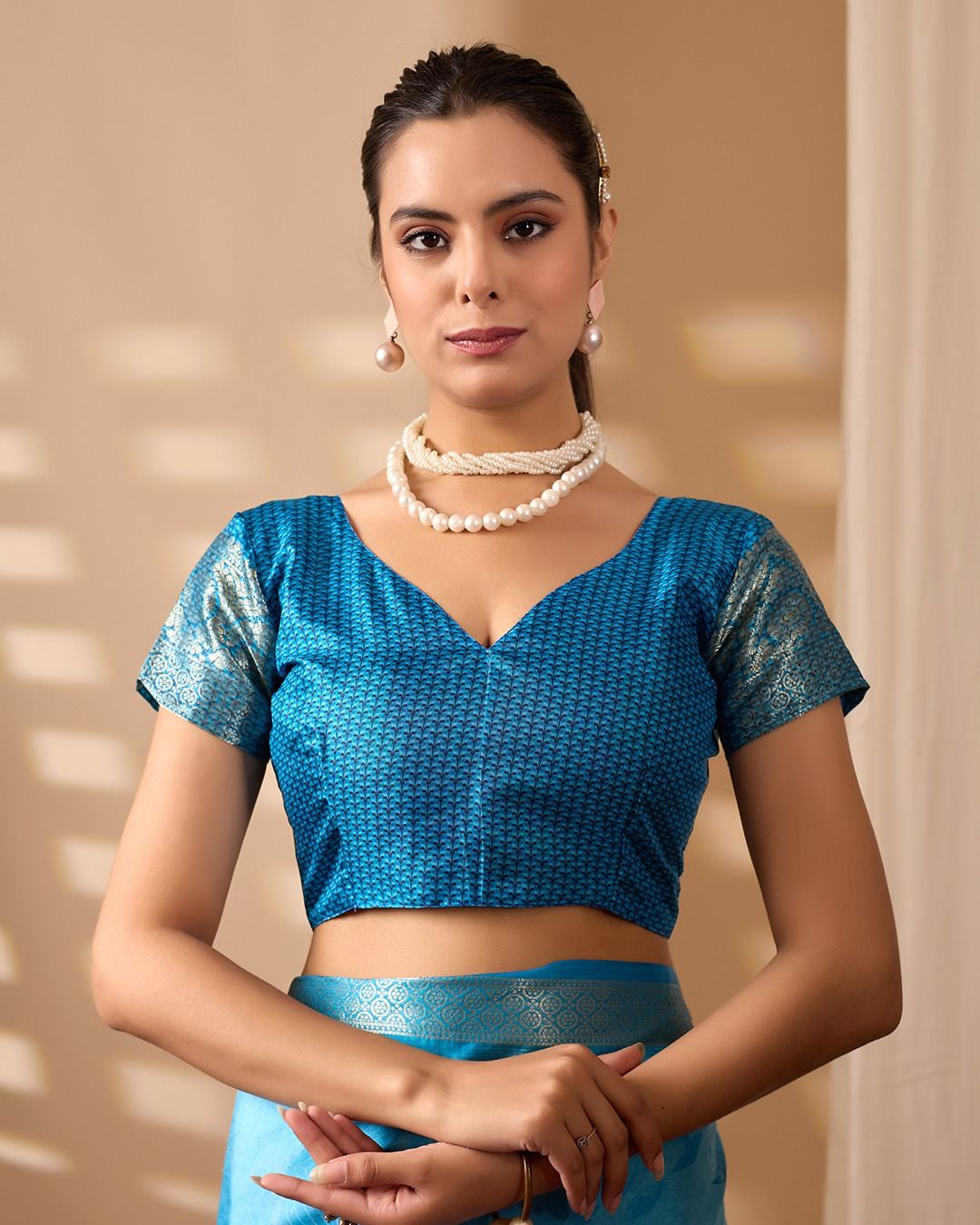 Blue Ethnic Saree with Floral Design and Zari Border