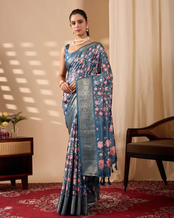 Royal Teal Floral Elegance Saree