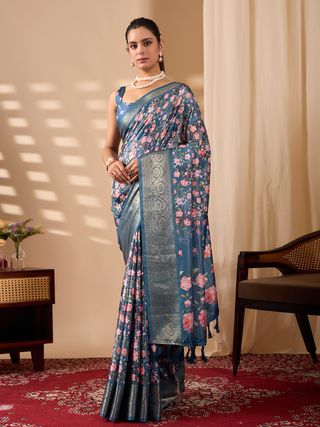 Royal Teal Floral Elegance Saree