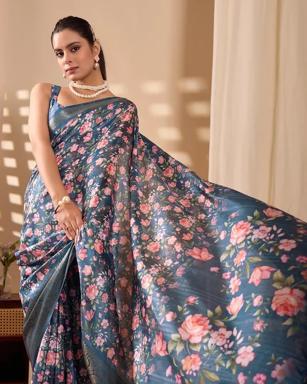 Royal Teal Floral Elegance Saree