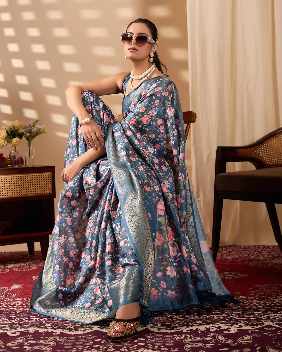 Royal Teal Floral Elegance Saree