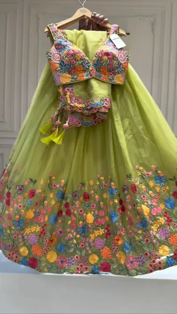 Lime Floral Embroidered Butterfly Net Lehenga Set
