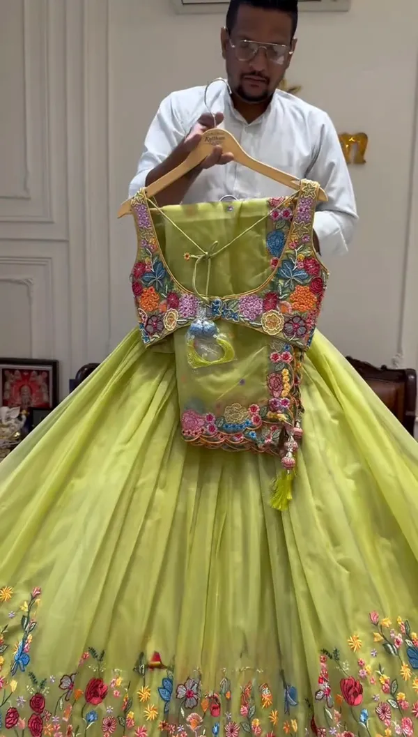 Lime Floral Embroidered Butterfly Net Lehenga Set