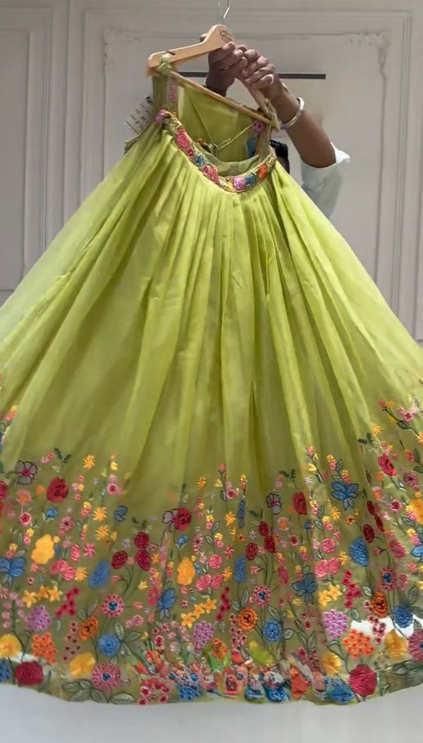 Lime Floral Embroidered Butterfly Net Lehenga Set