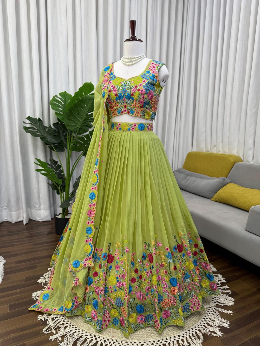 Lime Floral Embroidered Butterfly Net Lehenga Set