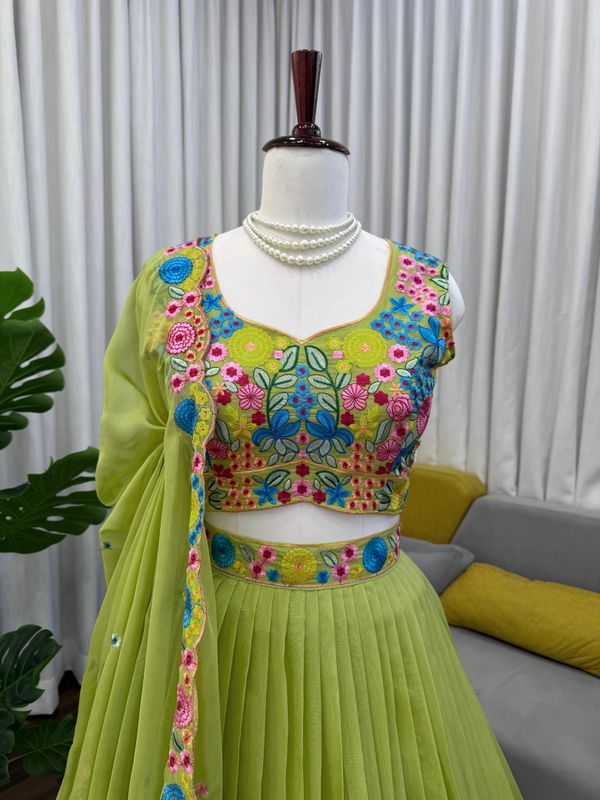 Lime Floral Embroidered Butterfly Net Lehenga Set