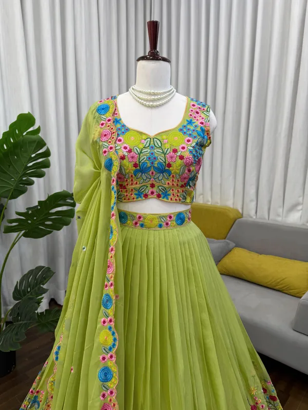 Lime Floral Embroidered Butterfly Net Lehenga Set