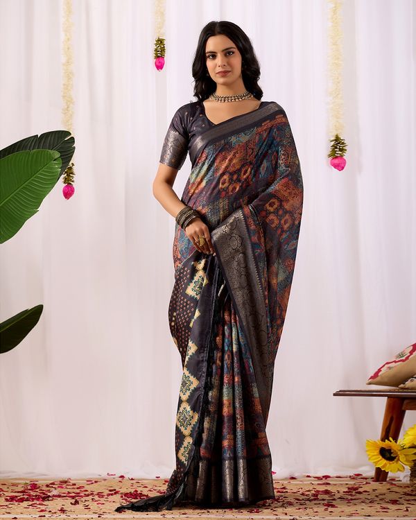 Black Printed Lichi Silk Saree with Ethnic Digital Design