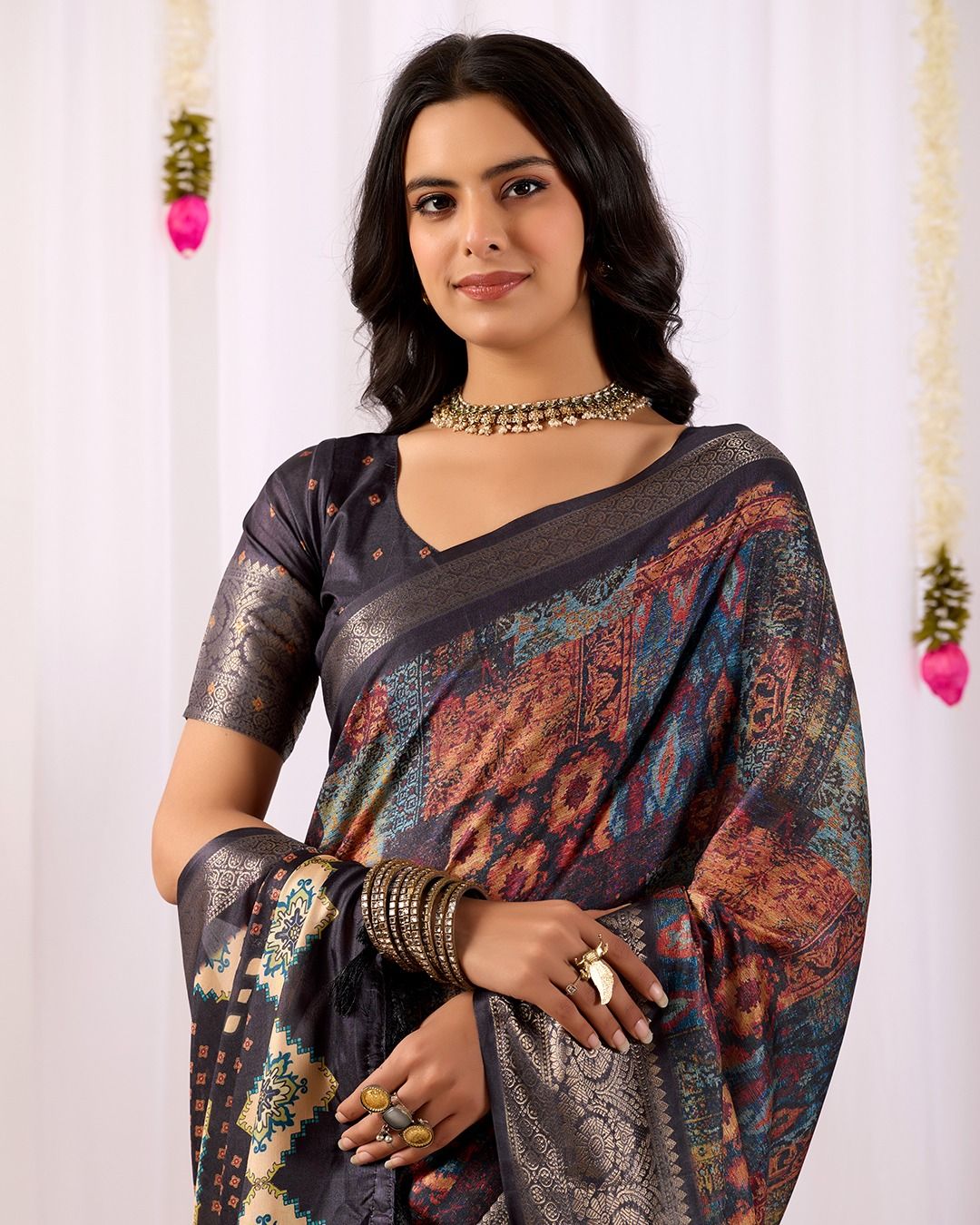 Black Printed Lichi Silk Saree with Ethnic Digital Design