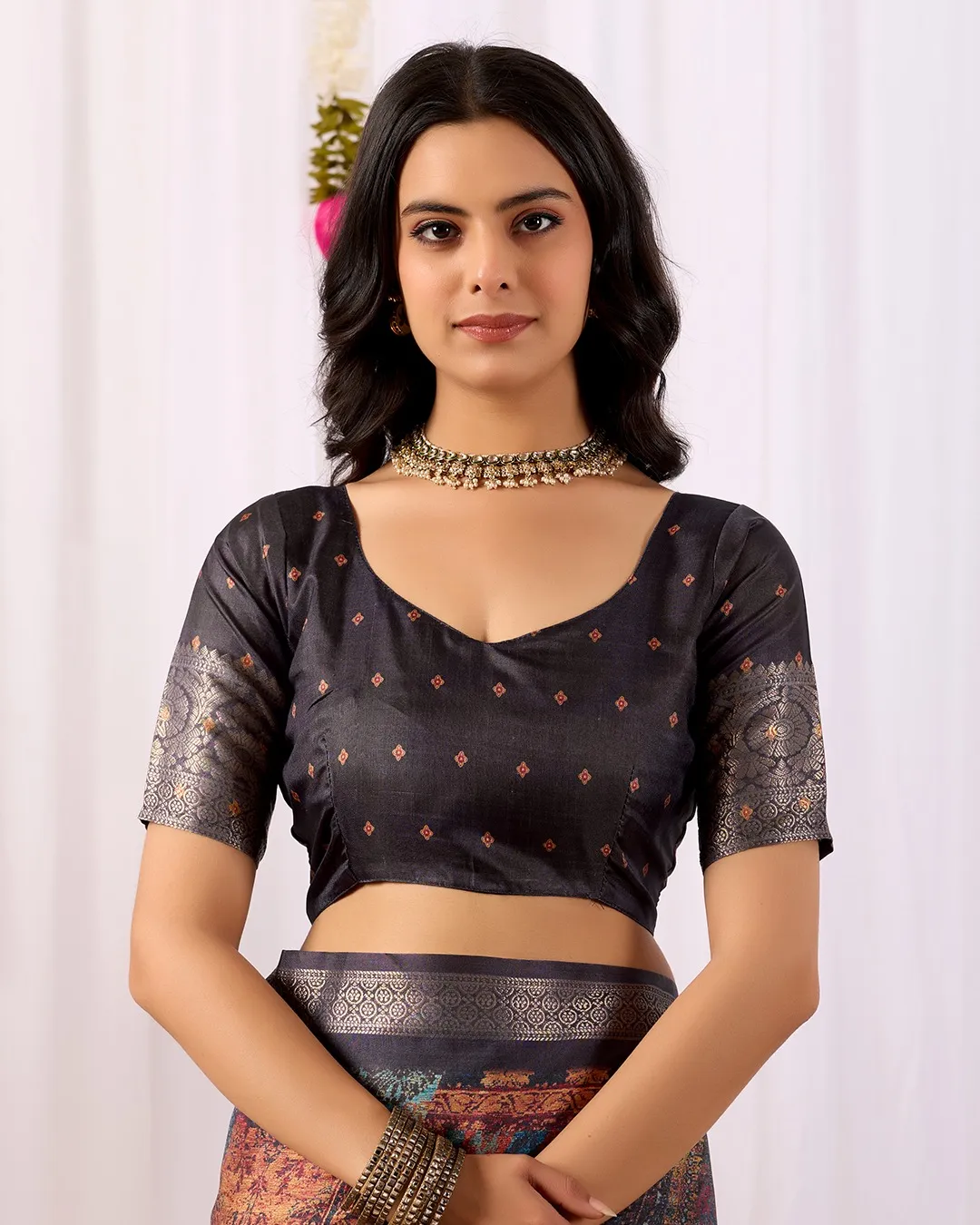 Black Printed Lichi Silk Saree with Ethnic Digital Design