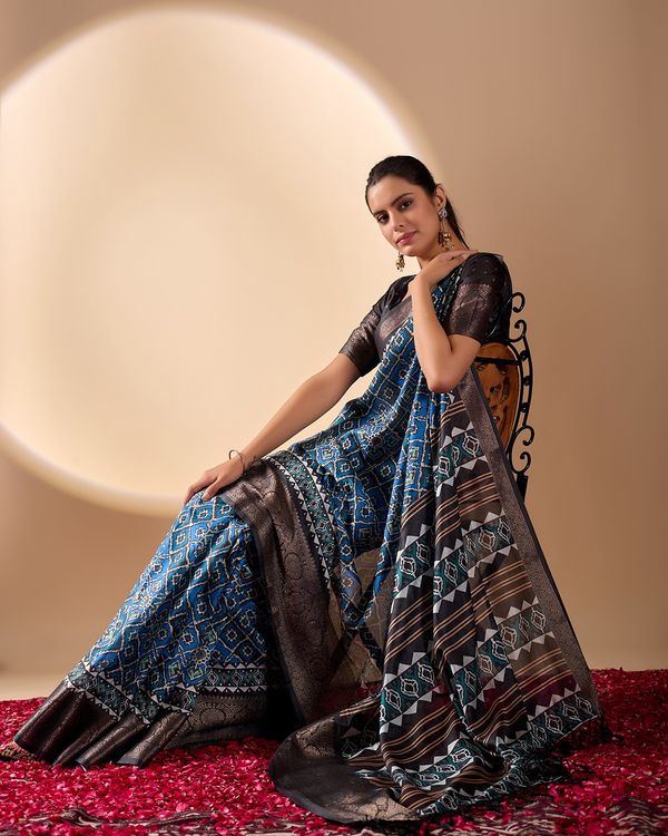 Blue Geometric Lichi Silk Saree with Digital Print and Copper Zari Border