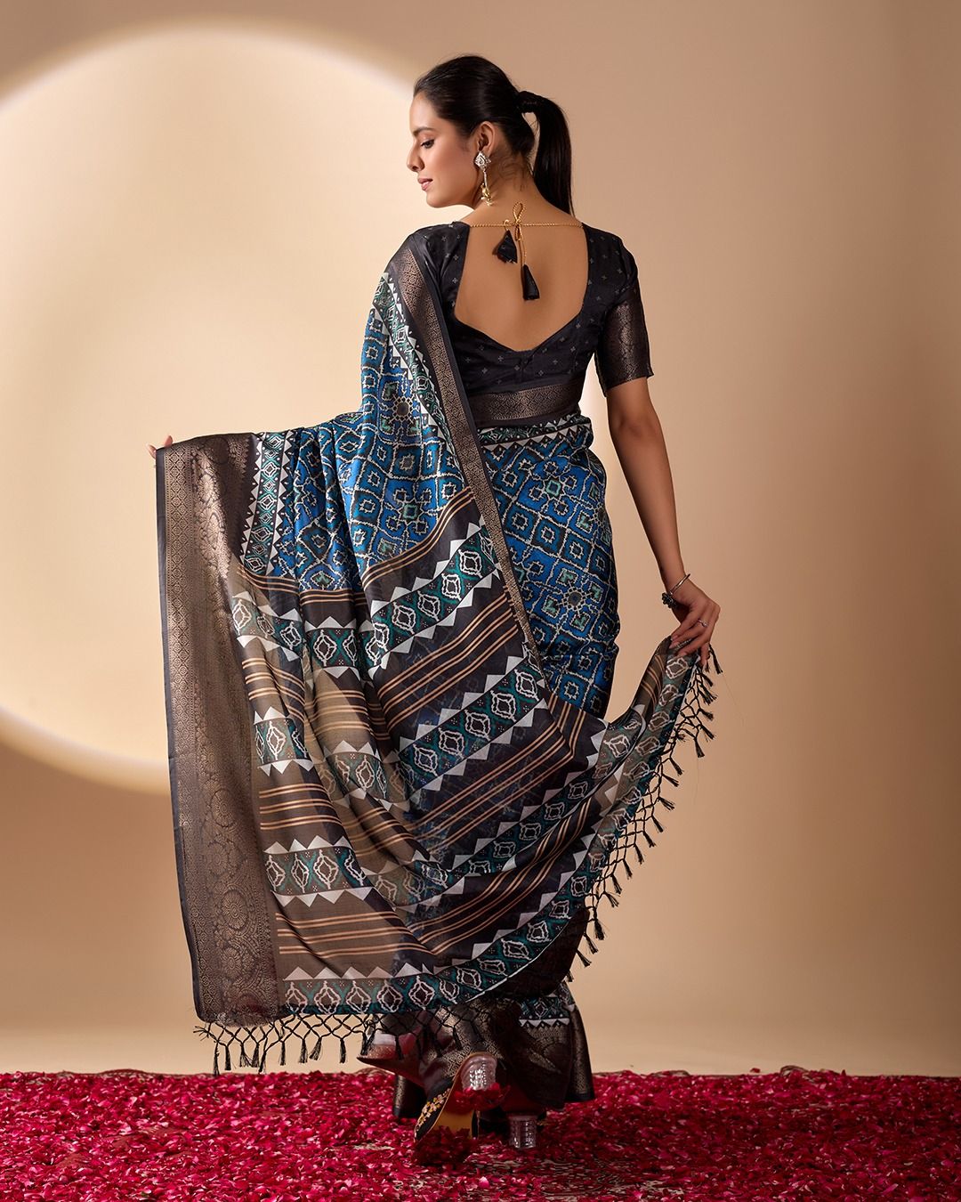Blue Geometric Lichi Silk Saree with Digital Print and Copper Zari Border