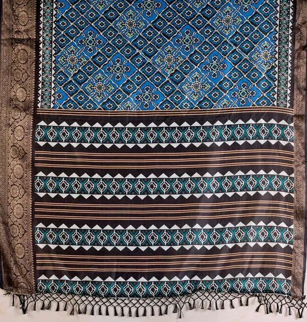 Blue Geometric Lichi Silk Saree with Digital Print and Copper Zari Border