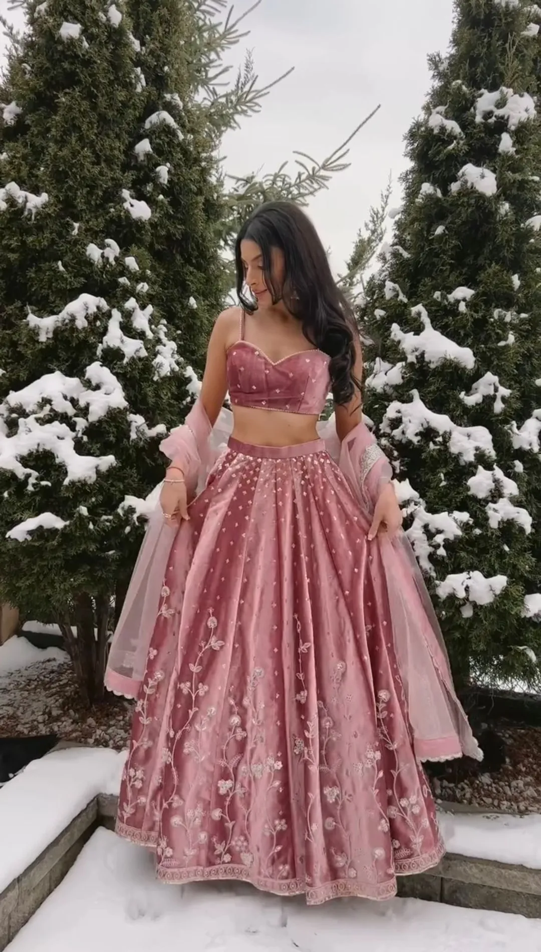 Dusty Pink Satin Embroidered Lehenga Set Online