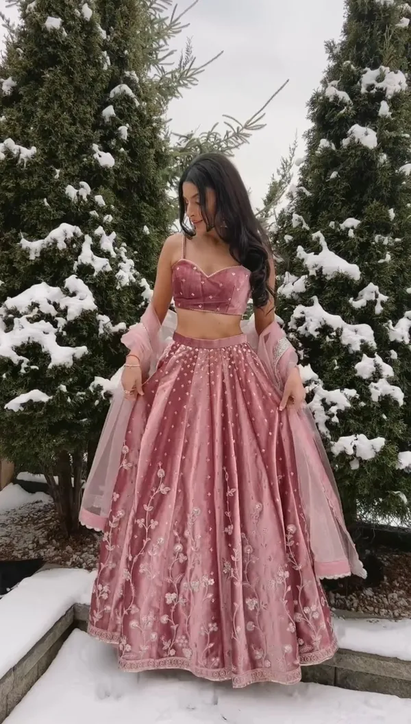 Dusty Pink Satin Embroidered Lehenga Set Online