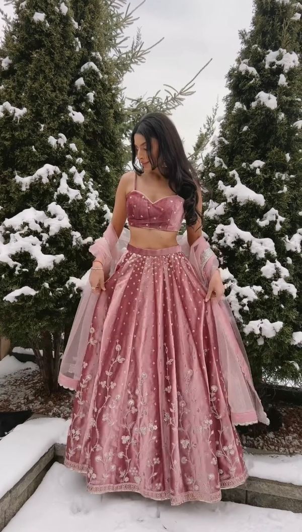 Dusty Pink Satin Embroidered Lehenga Set Online
