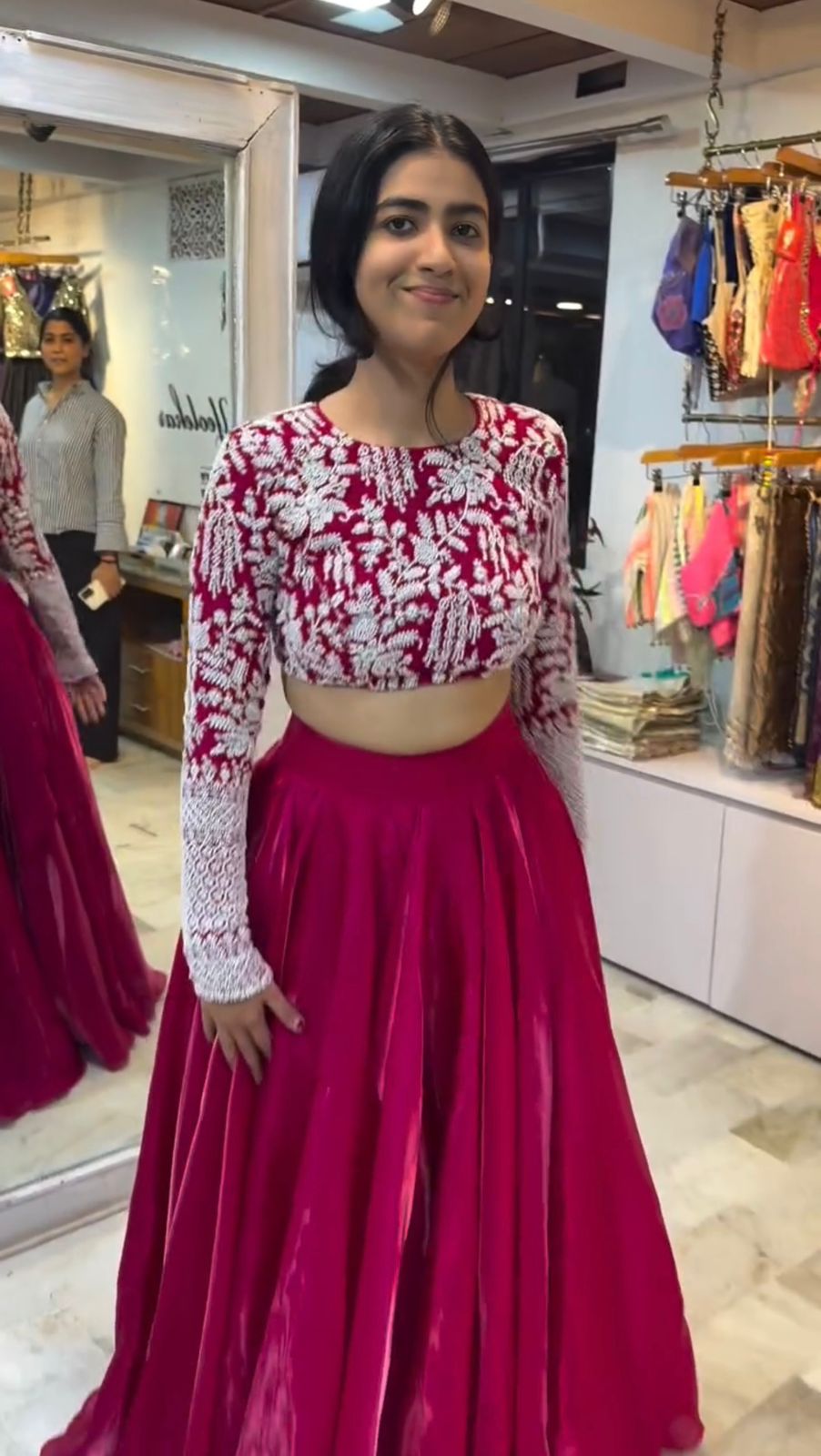 Embroidered red silk lehenga for festival