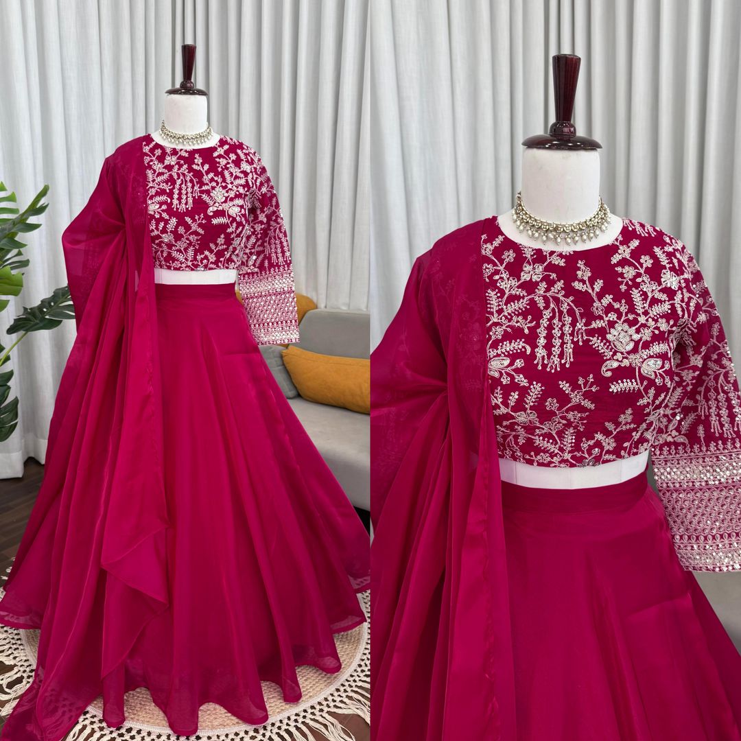Wine Pink Embroidered Silk Lehenga Set Online