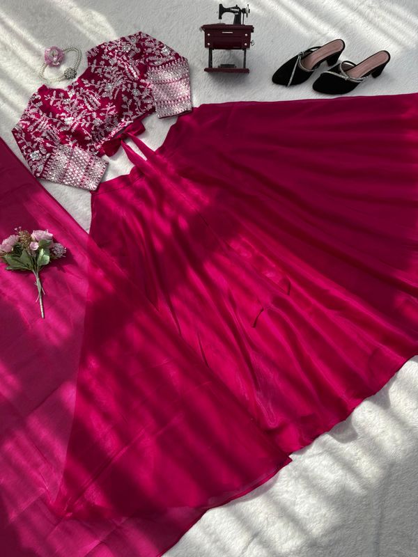 Wine Pink Embroidered Silk Lehenga Set Online