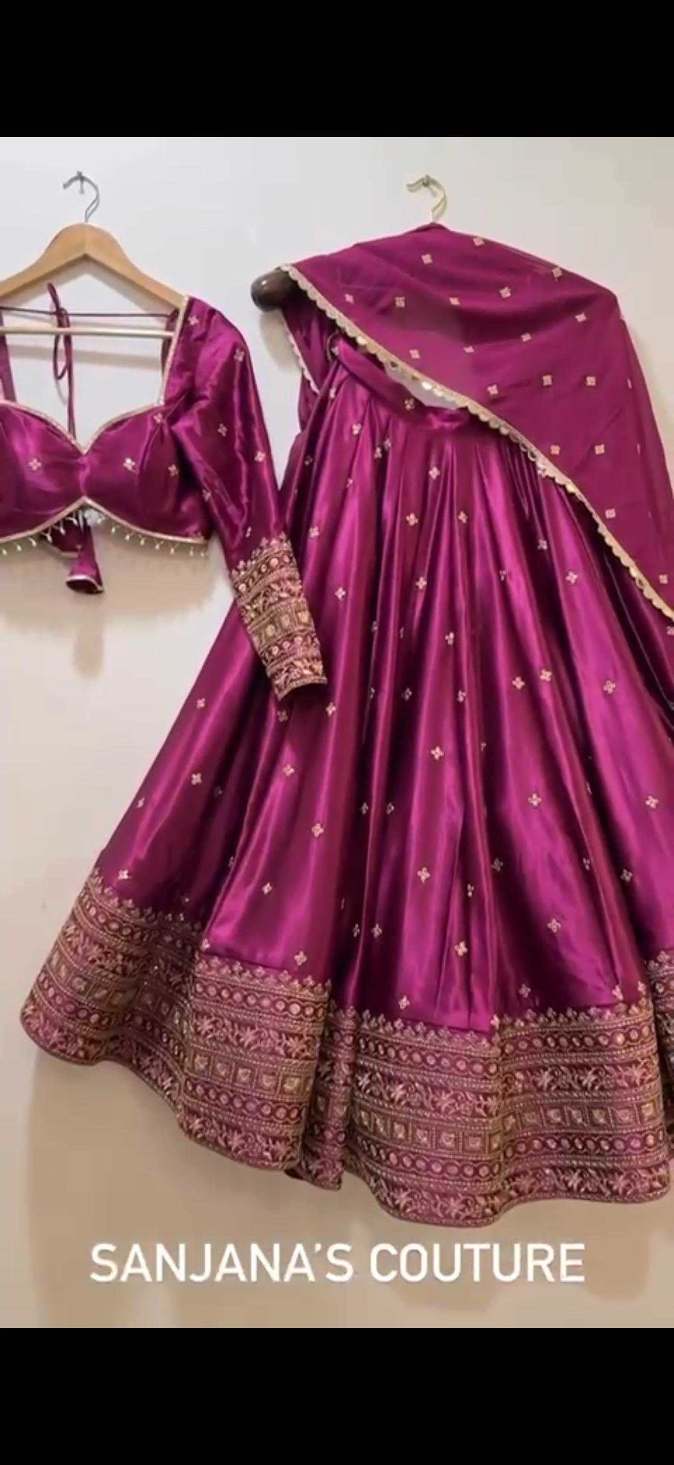 Embroidered red satin lehenga