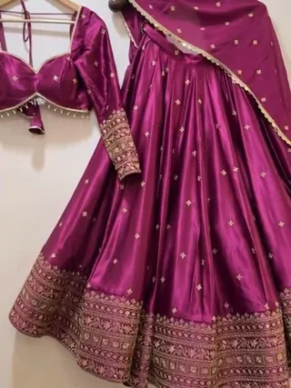 Magenta Satin Embroidered Lehenga Set Online