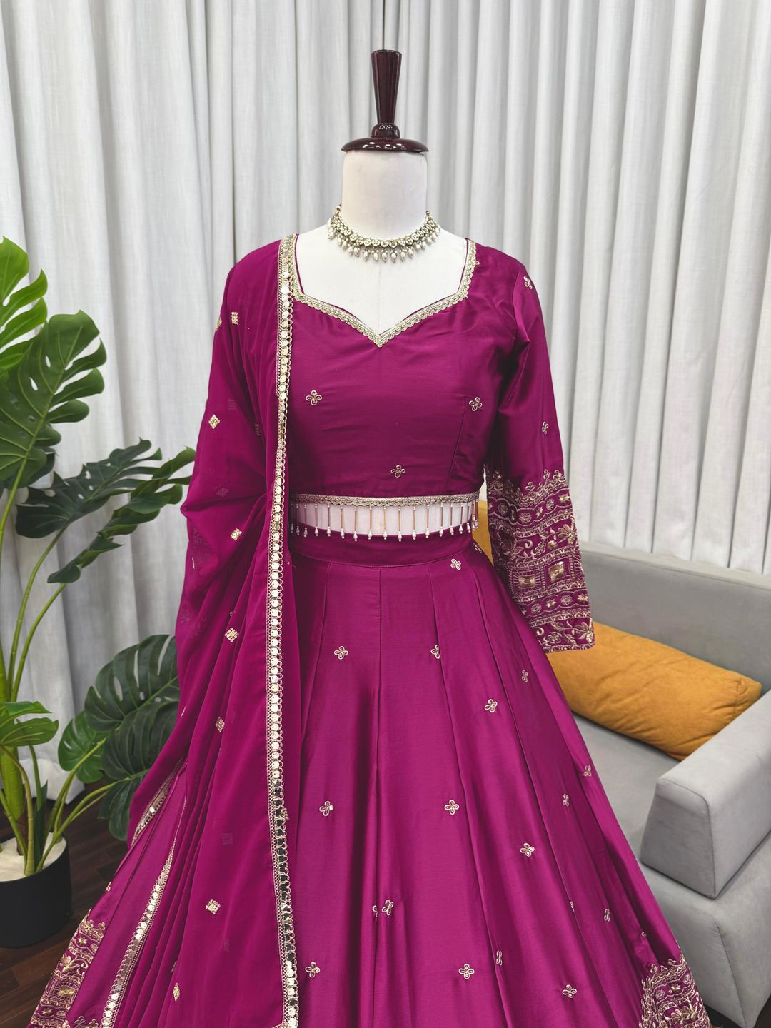 Magenta Satin Embroidered Lehenga Set Online