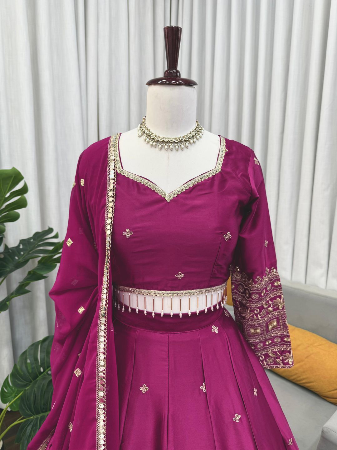 Magenta Satin Embroidered Lehenga Set Online