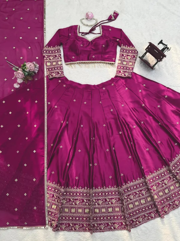 Magenta Satin Embroidered Lehenga Set Online