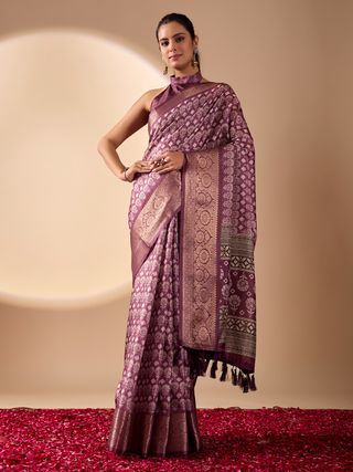 Purple Zari Woven Lichi Silk Saree Online - Varnavi