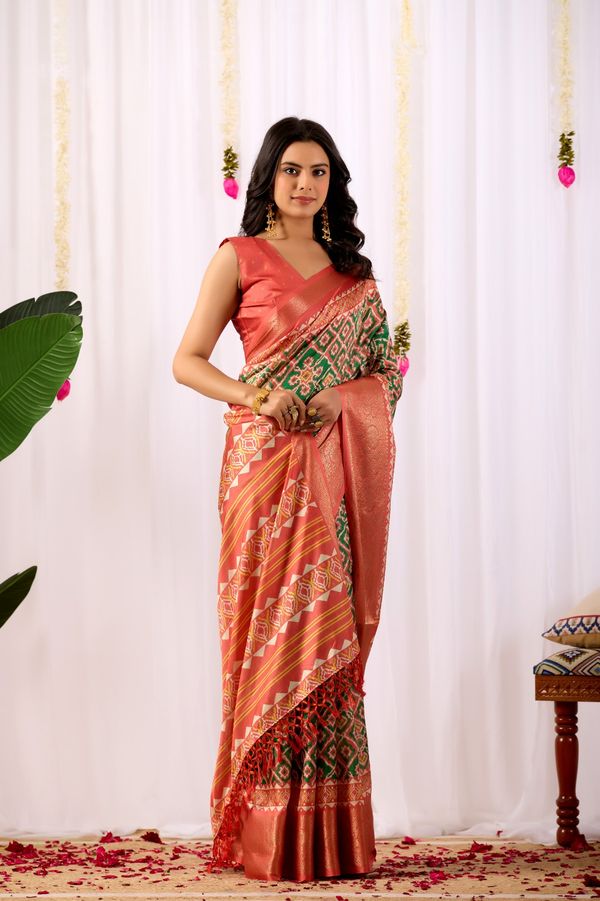 Coral Green Patola Print Lichi Silk Saree Online