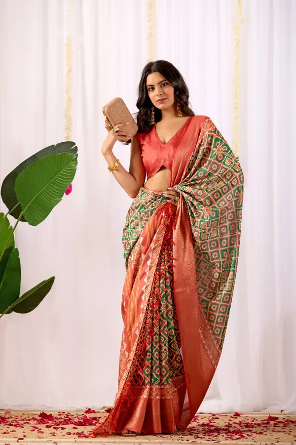 Coral Green Patola Print Lichi Silk Saree Online