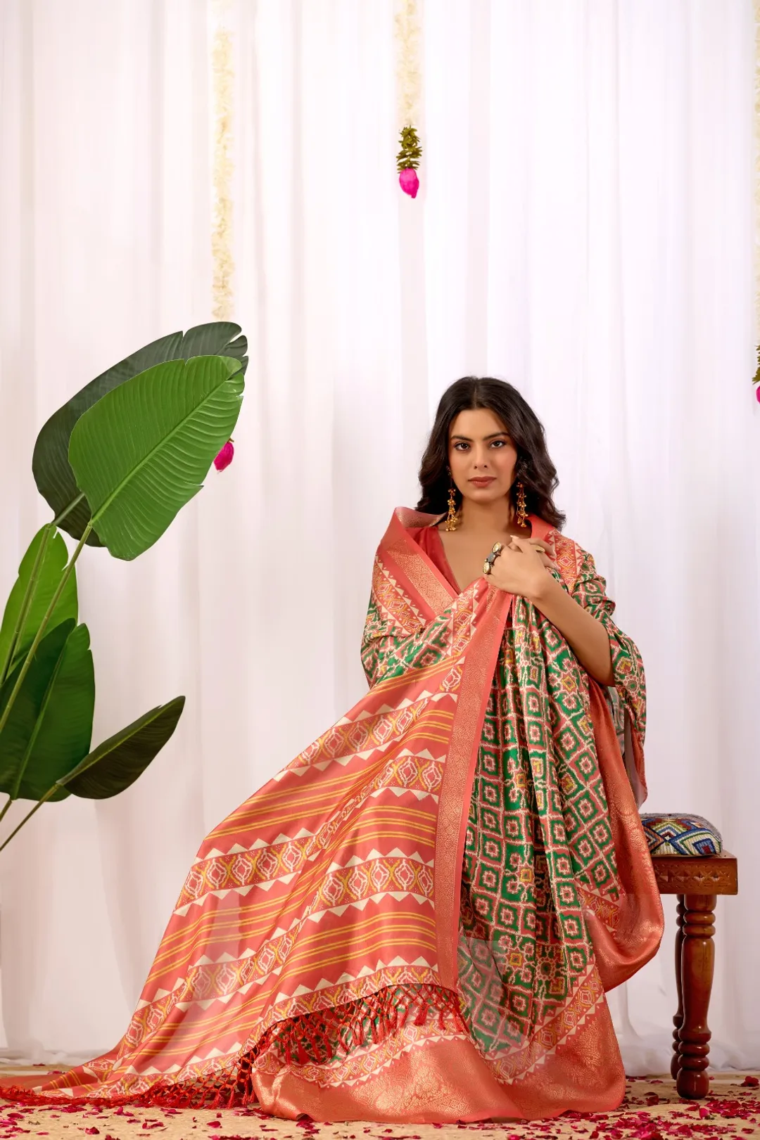 Coral Green Patola Print Lichi Silk Saree Online