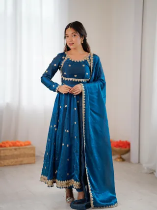 Teal Blue Silk Embroidered Gown Set with Dupatta